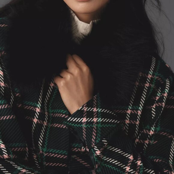 NWT Maeve Plaid crop Faux-Fur Collar Coat - Picture 5 of 11